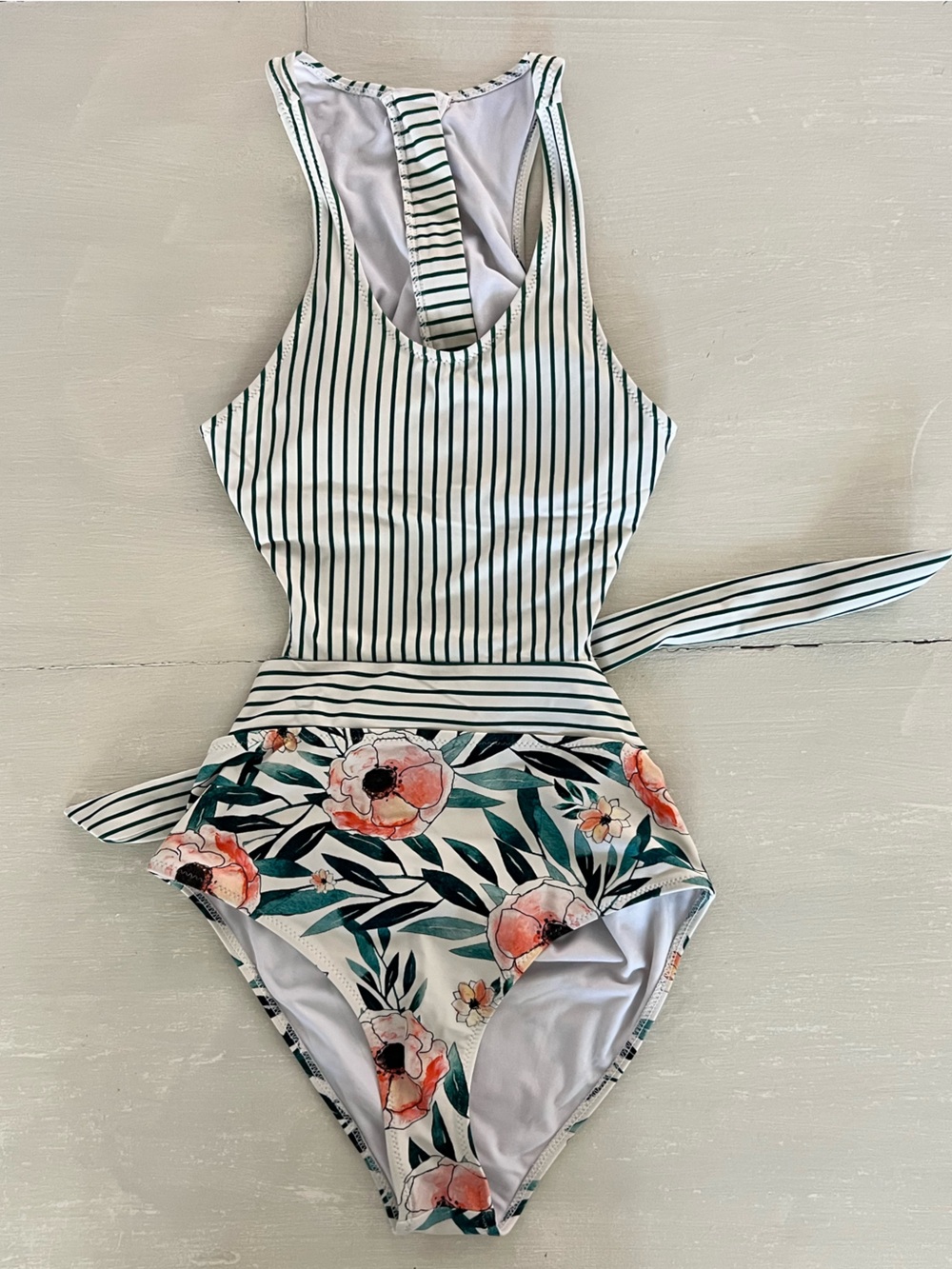 CUPSHE Floral Striped One Piece Swimsuit Green Peach Medium